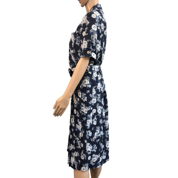 Vintage 80s Navy Blue Floral Print Pleater Belted Button Up Dress - Picture 2 of 9
